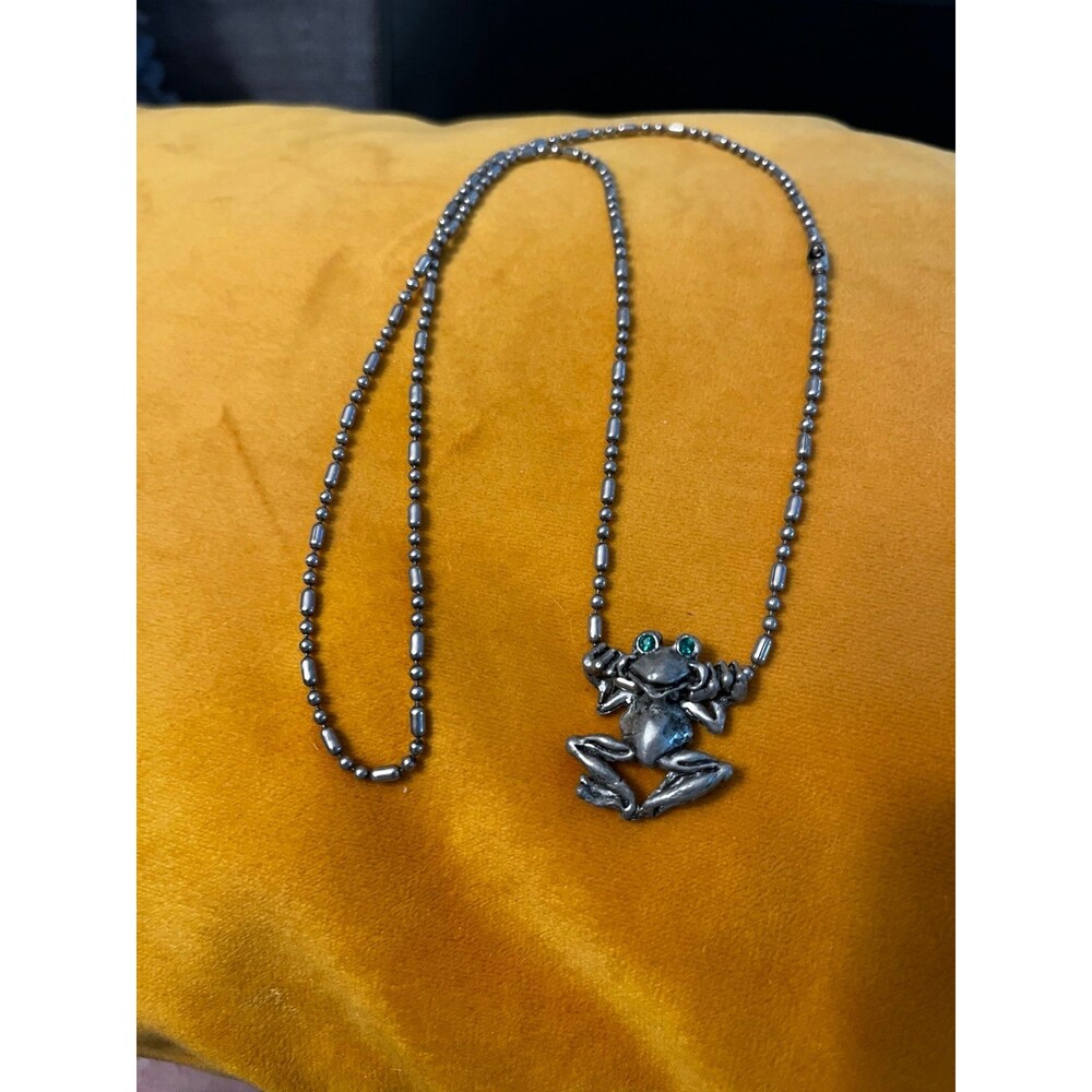 Pewter Tree Frog Necklace Comstock 1997 24” Chain Silvertone 90’s Froggy